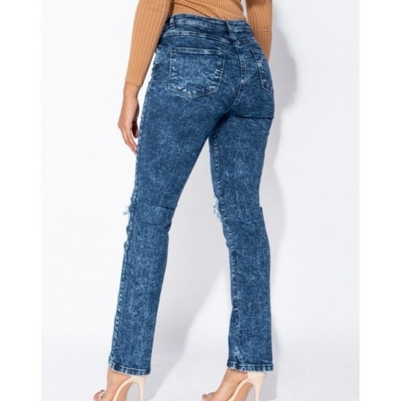 Blue Acid Wash High Waist Ripped Distressed Straight Leg Jeans Denim - Picture 10 of 13